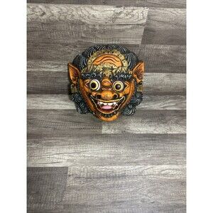 Vintage Hand-Carved Hand Painted Wooden Balinese Wall Mask Orange Black Dragon